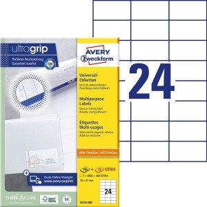 Etykiety papierowe 70x37mm AVERY ZWECKFORM ultragrip 200+20ark 5280etykiet białe /3474-200 /