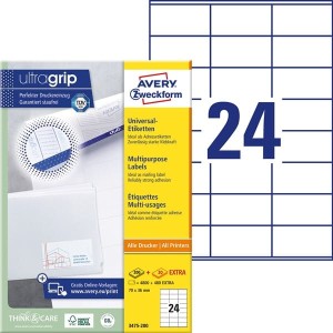 Etykiety papierowe 70x36mm AVERY ZWECKFORM ultragrip 200+20ark 5280etykiet białe /3475-200 /