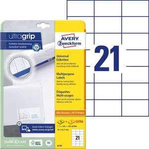 Etykiety papierowe 70x42,3mm AVERY ZWECKFORM ultragrip 25+5ark 630etykiet białe /6174 /