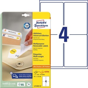 Etykiety papierowe usuwalne 99,1x139mm AVERY ZWECKFORM 25+5ark 120etykiet białe /l4733rev-25 /