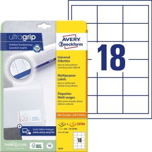 Etykiety papierowe 64x45mm AVERY ZWECKFORM ultragrip 25+5ark 540etykiet białe /6171 /