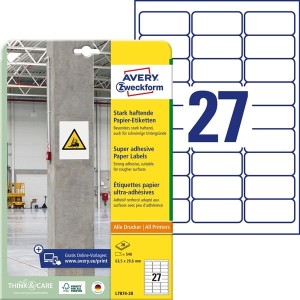 Etykiety papierowe 63,5x29,6mm AVERY ZWECKFORM do trudnych powierzchni 20ark 540etykiet białe /l7874-20 /