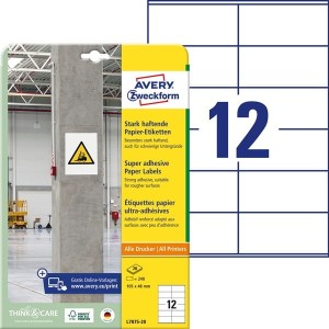 Etykiety papierowe 105x48mm AVERY ZWECKFORM do trudnych powierzchni 20ark 240etykiet białe /l7875-20 /