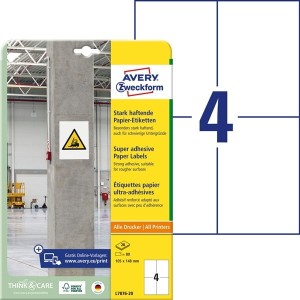 Etykiety papierowe 105x148mm AVERY ZWECKFORM do trudnych powierzchni 20ark 80etykiet białe /l7876-20 /