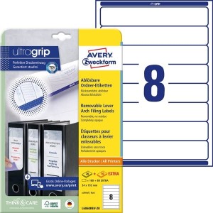 Etykiety papierowe usuwalne do segregatora 34x192mm AVERY ZWECKFORM ultragrip 20+10ark 240etykiet białe /l6060rev-20 /
