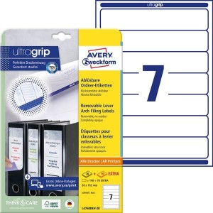 Etykiety papierowe usuwalne do segregatora 38x192mm AVERY ZWECKFORM ultragrip 20+10ark 210etykiet białe /l4760rev-20 /