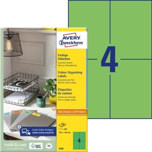 Etykiety papierowe 105x148mm AVERY ZWECKFORM kolorowe 100ark 400etykiet zielone /3458 /