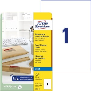 Etykiety foliowe poliestrowe 210x297mm AVERY ZWECKFORM wodoodporne wysyłkowe 25ark 25etykiet transparentne /j8567-25 /