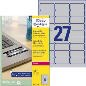 Etykiety foliowe poliestrowe 63,5x29,6mm AVERY ZWECKFORM wodoodporne znamionowe heavy duty 100ark 2700etykiet srebrne matowe /l6011-100 /