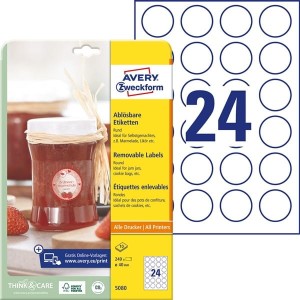 Etykiety papierowe usuwalne okrągłe 40mm AVERY ZWECKFORM 10ark 240etykiet białe /5080 /