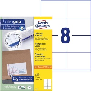 Etykiety papierowe 105x70mm AVERY ZWECKFORM ultragrip 100ark 800etykiet białe /3426 /