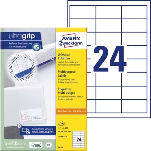 Etykiety papierowe 64,6x33,8mm AVERY ZWECKFORM ultragrip 100ark 2400etykiet białe /3658 /