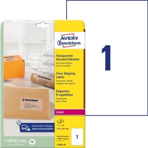 Etykiety foliowe poliestrowe 210x297mm AVERY ZWECKFORM wodoodporne adresowe 25ark 25etykiet transparentne /l7567-25 /