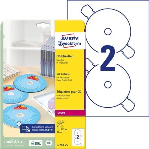Etykiety papierowe na cd okrągłe 117mm AVERY ZWECKFORM 25ark 50etykiet białe błyszczące /l7760-25 /