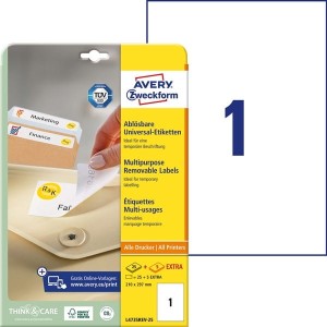 Etykiety papierowe usuwalne 210x297mm AVERY ZWECKFORM 25+5ark 30etykiet białe /l4735rev-25 /