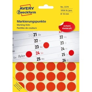 Etykiety papierowe okrągłe 18mm AVERY ZWECKFORM 22ark 1056etykiet czerwone /3374 /