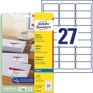 Etykiety papierowe 63,5x29,6mm AVERY ZWECKFORM adresowe 25ark 675etykiet białe /j4792-25 /