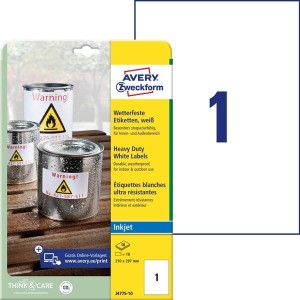 Etykiety foliowe poliestrowe 210x297mm AVERY ZWECKFORM wodoodporne heavy duty 10ark 10etykiet białe matowe /j4775-10 /