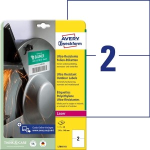 Etykiety foliowe polietylenowe 210x148mm AVERY ZWECKFORM znaminowane poliestrowe przemysłowe wodoodporne ultra resistant 10ark 20etykiet białe matowe /l7916-10 /