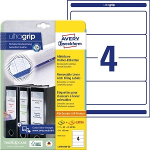Etykiety papierowe usuwalne do segregatora 61x192mm AVERY ZWECKFORM ultragrip 20+10ark 120etykiet białe /l4761rev-20 /