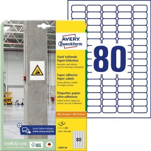 Etykiety papierowe 35,6x16,9mm AVERY ZWECKFORM do trudnych powierzchni 20ark 1600etykiet białe /l7872-20 /