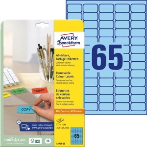 Etykiety papierowe usuwalne 38,1x21,2mm AVERY ZWECKFORM 20ark 1300etykiet niebieskie /l4791-20 /