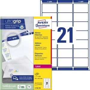 Etykiety papierowe 63,5x38,1mm AVERY ZWECKFORM adresowe ultragrip 250ark 5250etykiet białe /l7160-250 /