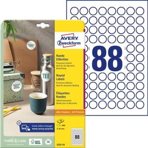 Etykiety papierowe okrągłe 20mm AVERY ZWECKFORM 10ark 880etykiet białe /6222-10 /