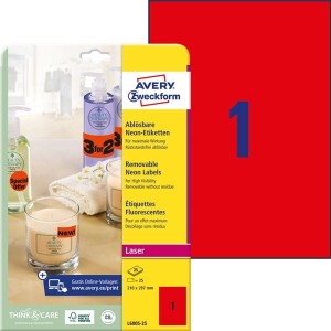 Etykiety papierowe usuwalne 210x297mm AVERY ZWECKFORM 25ark 25etykiet neonowe czerwone /l6005-25 /