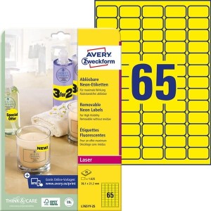 Etykiety papierowe usuwalne 38,1x21,2mm AVERY ZWECKFORM 25ark 1625etykiet neonowe żółte /l7651y-25 /