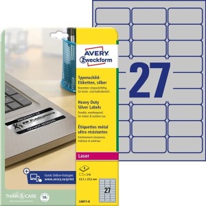 Etykiety foliowe poliestrowe 63,5x29,6mm AVERY ZWECKFORM wodoodporne znamionowe heavy duty 8ark 216etykiet srebrne matowe /l6011-8 /