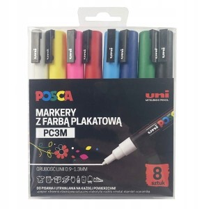 Marker z farbą plakatową okrągły 0,9-1,3mm UNI POSCA PC-3M mix kolorów 8szt. /UNPC3M/8C/ /194510/