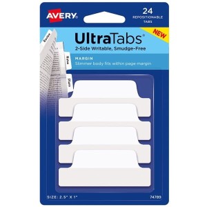 Zakładki indeksujące 63,5x25mm PP 4x6szt. białe AVERY ZWECKFORM ULTRA TABS usuwalne 24szt. /74789/