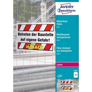 Folia wodoodporna A4 AVERY ZWECKFORM do drukarek laserowych i kserokopiarek biała 0,12 mm 100szt. /3487/