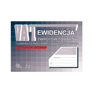 Druk offsetowy ewidencja vat zwrotów towarów i uznanych reklamacji towarów i usług dla kas fiskalnych A4 32 kartki MICHALCZYK I PROKOP /VU-72-U/