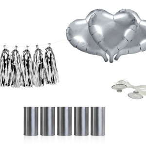 Zestaw dekoracji samochodowych PARTYDECO serca 3 balony, girlanda z frędzlami, 5 puszek, 6 przyssawek i żyłka srebrny /ZDS1-018/