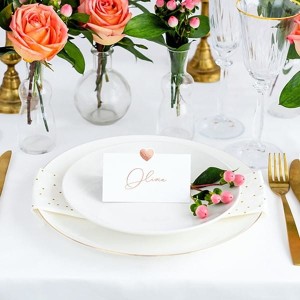 Wizytówki na stół 10x5cm PARTYDECO papierowe z metalizowanym różowo-złotym sercem białe 10 szt. /WS10-019R/