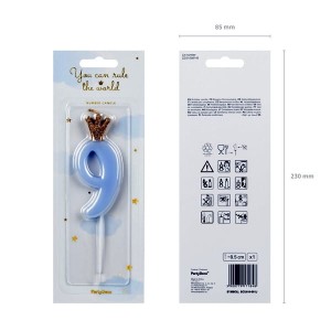 Świeczka urodzinowa 9,5cm PARTYDECO CYFRA "9" jasna niebieska z koroną 1szt. /SCU6-9-001J/
