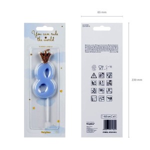 Świeczka urodzinowa 9,5cm PARTYDECO CYFRA "8" jasna niebieska z koroną 1szt. /SCU6-8-001J/