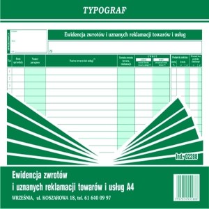Druk offsetowy ewidencja zwrotów i uznanych reklamacji towarów i usług A4 50 kartek TYPOGRAF /02288/