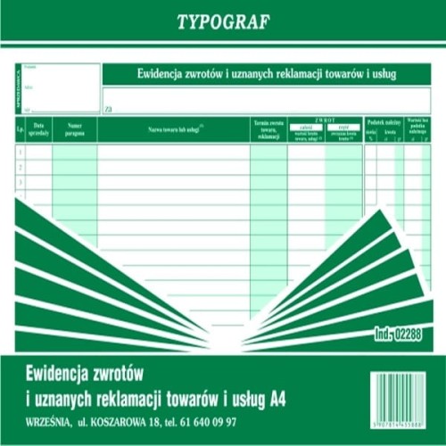 DRUK EWIDENCJA ZWROTÓW I UZNANYCH REKLAMACJI TOWARÓW I USŁUG A4 02288 TYPOGRAF.jpg