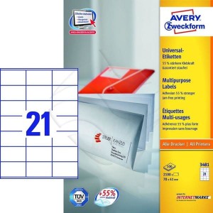 Etykiety papierowe 70x41mm AVERY ZWECKFORM 100ark 2100etykiet białe /3481 /