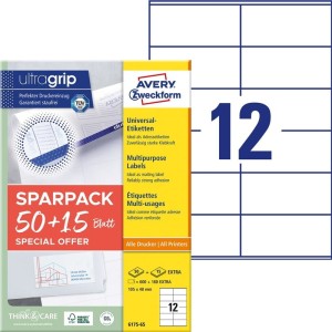 Etykiety papierowe 105x48mm AVERY ZWECKFORM ultragrip 50+15ark 780etykiet białe /6175-65 /