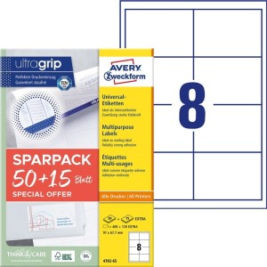 Etykiety papierowe 97x67,7mm AVERY ZWECKFORM ultragrip 50+15ark 520etykiet białe /4782-65 /