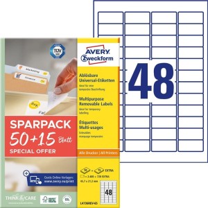 Etykiety papierowe usuwalne 47x21,2mm AVERY ZWECKFORM 50+15ark 3120etykiet białe /l4736rev-65 /