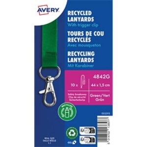 Smycz do identyfikatorów AVERY ZWECKFORM z zapięciem zabezpieczającym z karabińczykiem z recyklingowanego PET zielona 10szt. /4842G/