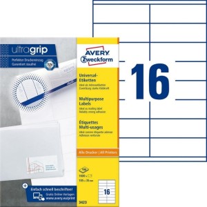 Etykiety papierowe 105x35mm AVERY ZWECKFORM ultragrip 100ark 1600etykiet białe /3423 /