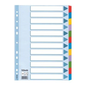 Przekładki A4 kartonowe 1-12 bez nadruku białe z kolorowymi indeksami MYLAR ESSELTE /100169/