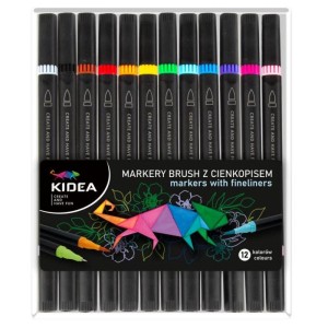 Pisaki dwustronne pędzelkowe/brush z cienkopisem KIDEA 12 kolorów 12szt. /MBC12KKA/