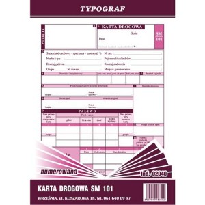 Druk offsetowy karta drogowa samochód osobowy A5 80 kartek SM101 numerowana TYPOGRAF 1szt. /02040/